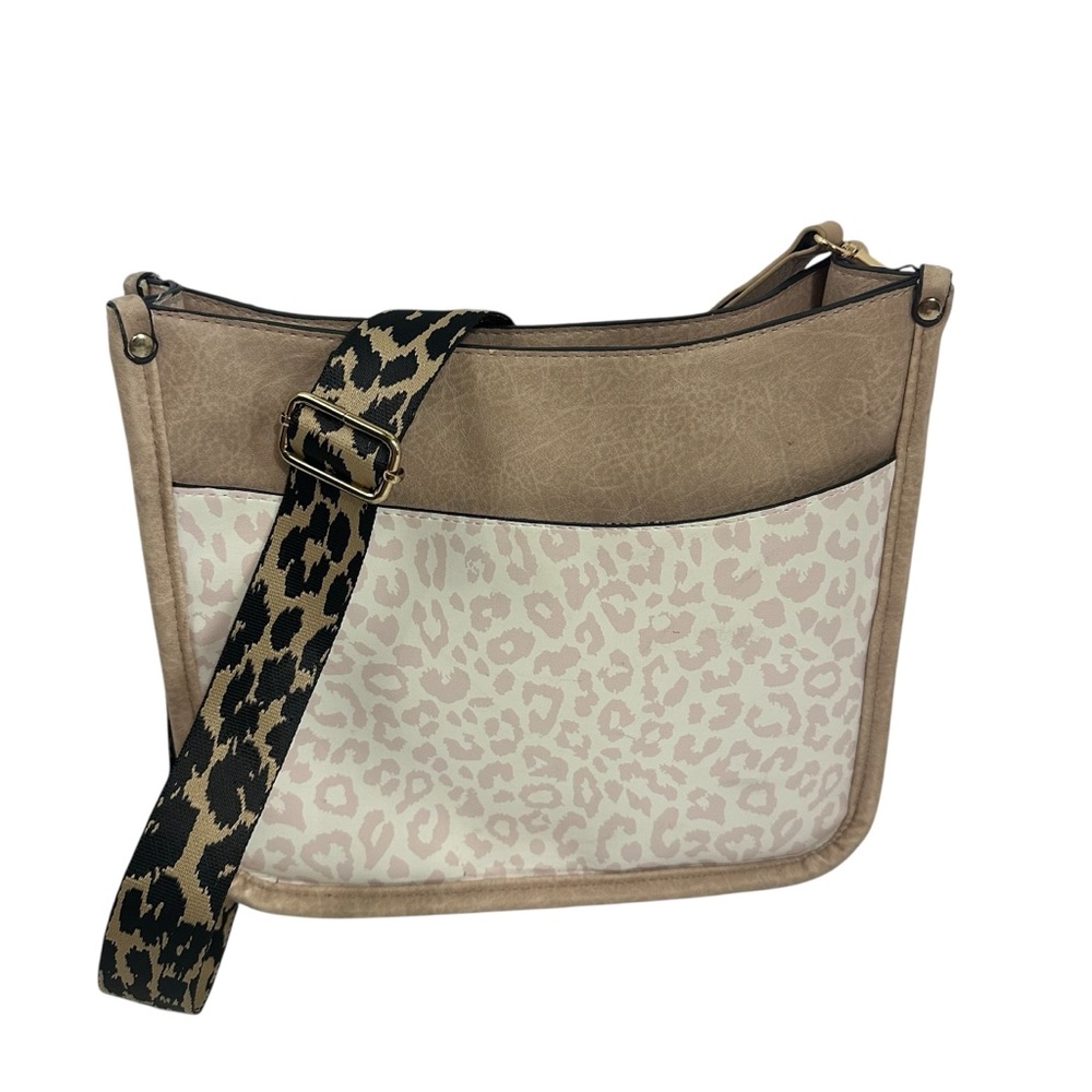 Pink and taupe leopard print crossbody bag with strap